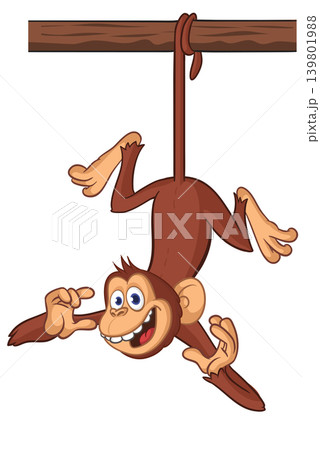 Cartoon funny brown monkey chimpanzee hanging from the wood branch. Vector illustration isolated on white 139801988