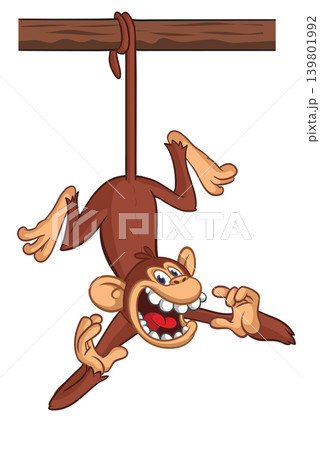 Cartoon funny brown monkey chimpanzee hanging from the wood branch. Vector illustration isolated on white Cartoon funny brown monkey chimpanzee hanging from the wood branch. Vector illustration isolated on white 139801992