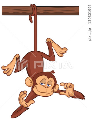 Cartoon funny brown monkey chimpanzee hanging from the wood branch. Vector illustration isolated on white Cartoon funny brown monkey chimpanzee hanging from the wood branch. Vector illustration isolated on white 139801993