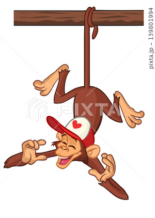Cartoon funny brown monkey chimpanzee hanging from the wood branch. Vector illustration isolated on white Cartoon funny brown monkey chimpanzee hanging from the wood branch. Vector illustration isolated on white 139801994