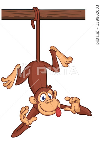 Cartoon funny brown monkey chimpanzee hanging from the wood branch. Vector illustration isolated on white 139802003