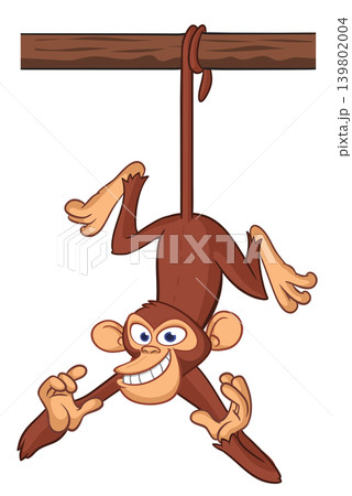 Cartoon funny brown monkey chimpanzee hanging from the wood branch. Vector illustration isolated on white Cartoon funny brown monkey chimpanzee hanging from the wood branch. Vector illustration isolated on white 139802004