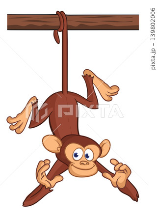 Cartoon funny brown monkey chimpanzee hanging from the wood branch. Vector illustration isolated on white Cartoon funny brown monkey chimpanzee hanging from the wood branch. Vector illustration isolated on white 139802006