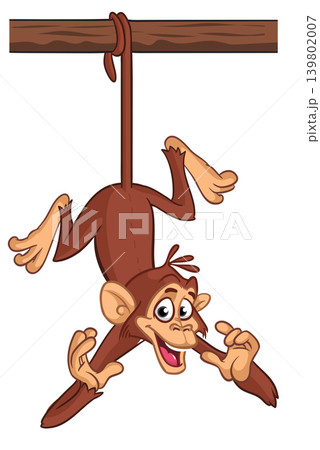 Cartoon funny brown monkey chimpanzee hanging from the wood branch. Vector illustration isolated on white Cartoon funny brown monkey chimpanzee hanging from the wood branch. Vector illustration isolated on white 139802007