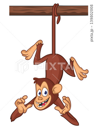 Cartoon funny brown monkey chimpanzee hanging from the wood branch. Vector illustration isolated on white Cartoon funny brown monkey chimpanzee hanging from the wood branch. Vector illustration isolated on white 139802008