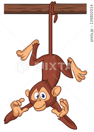 Cartoon funny brown monkey chimpanzee hanging from the wood branch. Vector illustration isolated on white Cartoon funny brown monkey chimpanzee hanging from the wood branch. Vector illustration isolated on white 139802014
