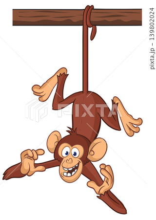 Cartoon funny brown monkey chimpanzee hanging from the wood branch. Vector illustration isolated on white 139802024