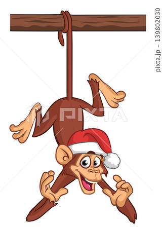Cartoon funny brown monkey chimpanzee hanging from the wood branch. Vector illustration isolated on white Cartoon funny brown monkey chimpanzee hanging from the wood branch. Vector illustration isolated on white 139802030