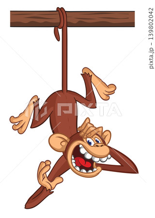 Cartoon funny brown monkey chimpanzee hanging from the wood branch. Vector illustration isolated on white Cartoon funny brown monkey chimpanzee hanging from the wood branch. Vector illustration isolated on white 139802042