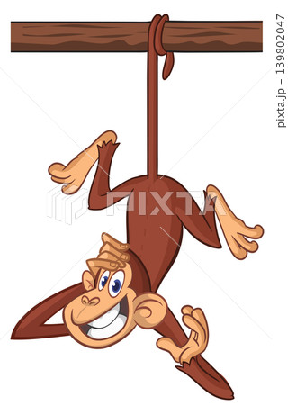 Cartoon funny brown monkey chimpanzee hanging from the wood branch. Vector illustration isolated on white Cartoon funny brown monkey chimpanzee hanging from the wood branch. Vector illustration isolated on white 139802047