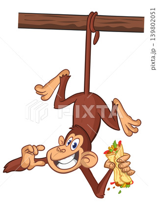 Cartoon funny monkey chimpanzee holding burger, falafel or kebab in his hands. Vector illustration of happy monkey character design isolated. Cartoon funny monkey chimpanzee holding burger, falafel or kebab in his hands. Vector illustration of happy monkey character design isolated. 139802051
