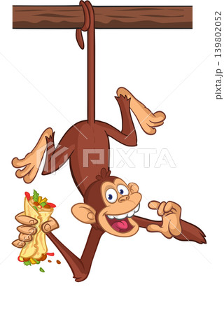 Cartoon funny monkey chimpanzee holding burger, falafel or kebab in his hands. Vector illustration of happy monkey character design isolated. Cartoon funny monkey chimpanzee holding burger, falafel or kebab in his hands. Vector illustration of happy monkey character design isolated. 139802052