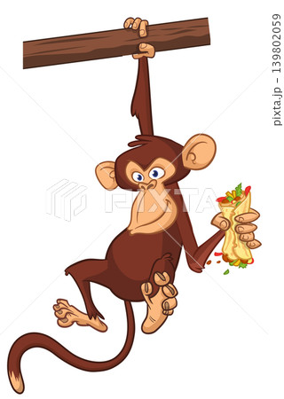 Cartoon funny monkey chimpanzee holding burger, falafel or kebab in his hands. Vector illustration of happy monkey character design isolated. Cartoon funny monkey chimpanzee holding burger, falafel or kebab in his hands. Vector illustration of happy monkey character design isolated. 139802059