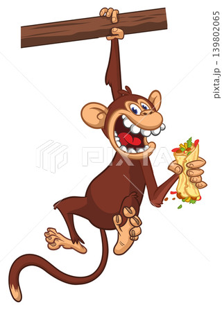 Cartoon funny monkey chimpanzee holding burger, falafel or kebab in his hands. Vector illustration of happy monkey character design isolated. Cartoon funny monkey chimpanzee holding burger, falafel or kebab in his hands. Vector illustration of happy monkey character design isolated. 139802065