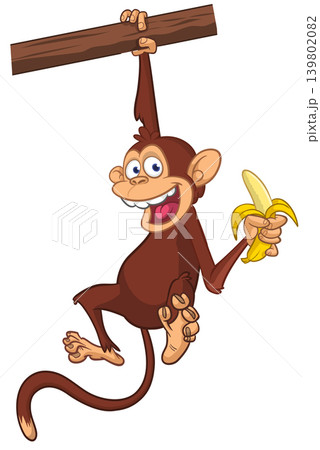 Cartoon funny brown monkey chimpanzee hanging from the wood branch. Vector illustration isolated on white 139802082