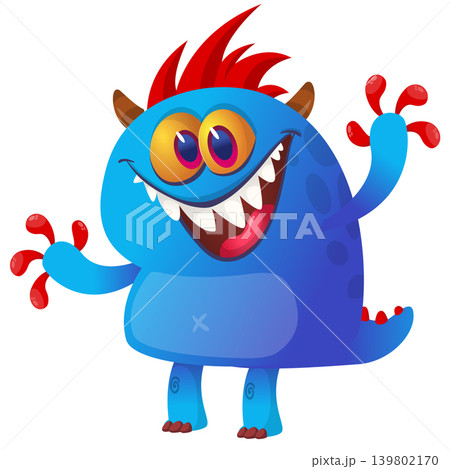 Cartoon scary monster with funny face expression waving hands . Vector illustration isolated on white. Halloween design Cartoon scary monster with funny face expression waving hands . Vector illustration isolated on white. Halloween design 139802170