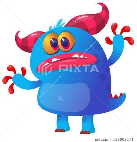Cartoon scary monster with funny face expression waving hands . Vector illustration isolated on white. Halloween design Cartoon scary monster with funny face expression waving hands . Vector illustration isolated on white. Halloween design 139802171