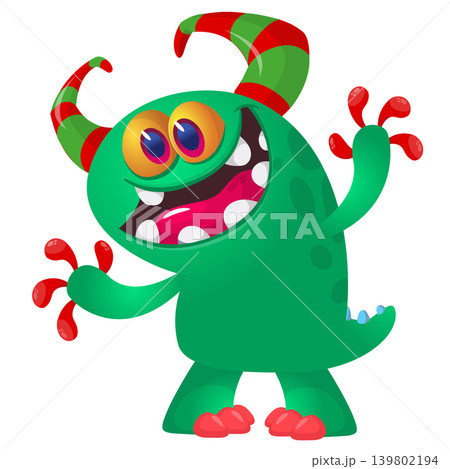 Cartoon scary monster with funny face expression waving hands . Vector illustration isolated on white. Halloween design Cartoon scary monster with funny face expression waving hands . Vector illustration isolated on white. Halloween design 139802194
