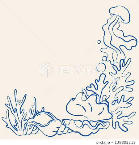 Hand-drawn decorative frame with jellyfish, corals and shells in line art doodle style for vacation vibe projects or event decor 139802218