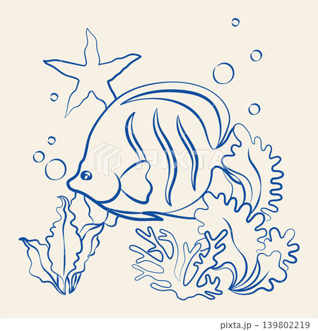 Hand-drawn tropical reef fish and seaweed composition in line art doodle style, underwater sea animal for vacation vibe projects Hand-drawn tropical reef fish and seaweed composition in line art doodle style, underwater sea animal for vacation vibe projects 139802219