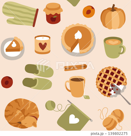 Hand-drawn autumn seamless pattern made of cozy cat, pumpkin and cherry pie, knitting for fall cozy projects, seasonal background 139802275