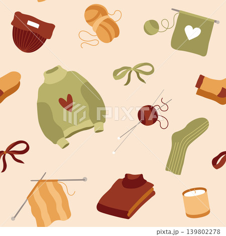 Hand-drawn autumn knitting seamless pattern made of bow, sweater, threads, knitting needles in warm colors for packaging, textile Hand-drawn autumn knitting seamless pattern made of bow, sweater, threads, knitting needles in warm colors for packaging, textile 139802278