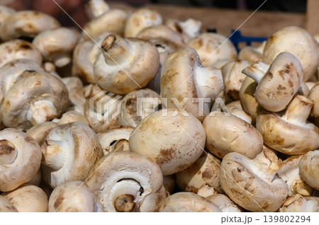 Freshly harvested white mushrooms arranged on a rustic wooden table at a local farmer's market in autumn Freshly harvested white mushrooms arranged on a rustic wooden table at a local farmer's market in autumn 139802294