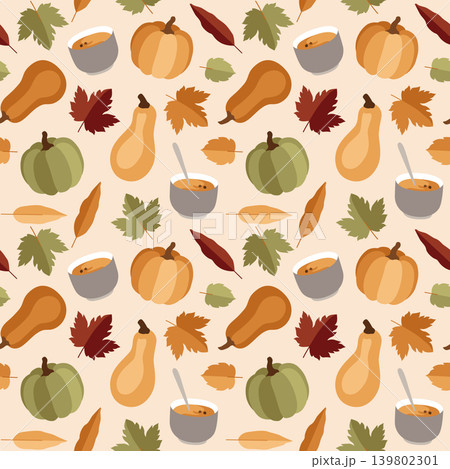 Hand-drawn autumn seamless pattern made of pumpkin, pumpkin soup, maple leaves for packaging, seasonal background, special offer Hand-drawn autumn seamless pattern made of pumpkin, pumpkin soup, maple leaves for packaging, seasonal background, special offer 139802301