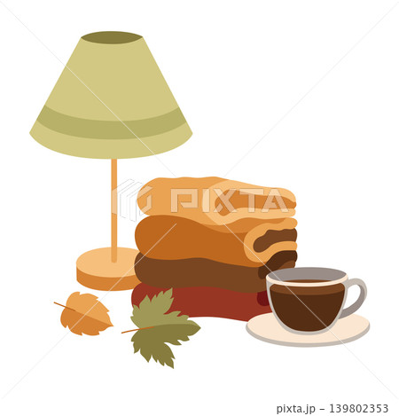 Hand-drawn autumn illustration of warm clothes, hot tea, maple leaf and table lamp for packaging and fall vibes cozy projects 139802353