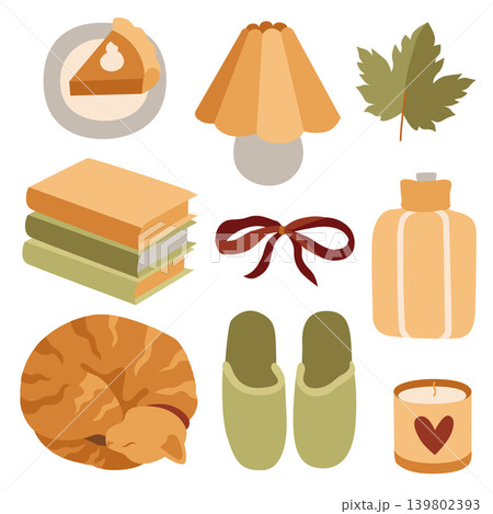Hand-drawn autumn illustrations, maple leaf, cat, candle, books, pumpkin pie, lamp for packaging and fall vibes cozy projects Hand-drawn autumn illustrations, maple leaf, cat, candle, books, pumpkin pie, lamp for packaging and fall vibes cozy projects 139802393