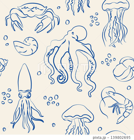 Hand-drawn seamless pattern with sea animals, octopus, shell, shrimp, jellyfish in line art style for seaside vacation design Hand-drawn seamless pattern with sea animals, octopus, shell, shrimp, jellyfish in line art style for seaside vacation design 139802695