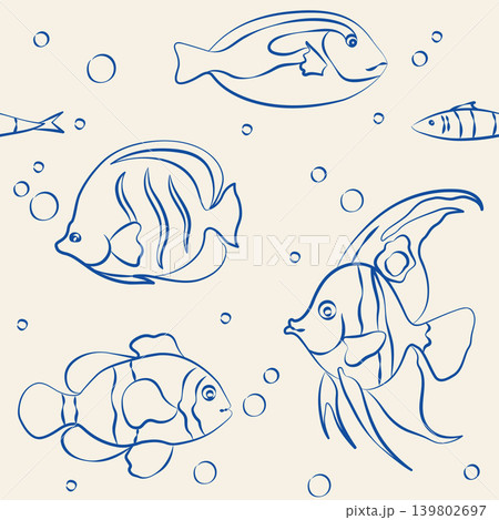 Hand-drawn seamless pattern with sea reef tropical fish, blue tang, clownfish in line art doodle style for seaside vacation design Hand-drawn seamless pattern with sea reef tropical fish, blue tang, clownfish in line art doodle style for seaside vacation design 139802697