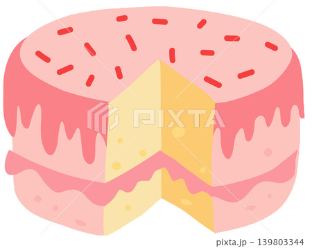 Birthday cake illustration cute pastel pink dessert with slice and red sprinkles Birthday cake illustration cute pastel pink dessert with slice and red sprinkles 139803344