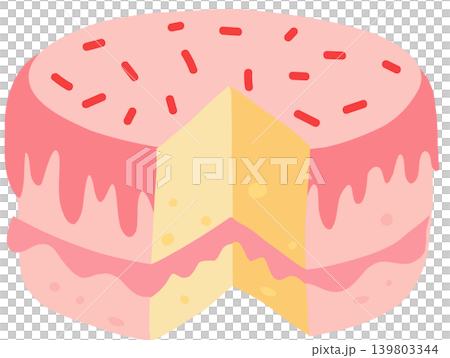 Birthday cake illustration cute pastel pink dessert with slice and red sprinkles Birthday cake illustration cute pastel pink dessert with slice and red sprinkles 139803344