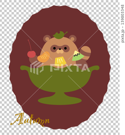 Illustration of a raccoon dog in autumn and a fruit parfait 139803348