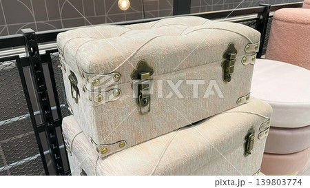 Vintage style upholstered storage chest with brass latches and textured fabric for elegant home decor Vintage style upholstered storage chest with brass latches and textured fabric for elegant home decor 139803774