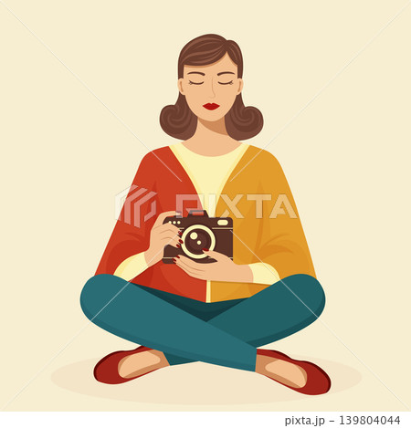 Young woman photographer sitting cross legged holding vintage camera vector illustration. Young woman photographer sitting cross legged holding vintage camera vector illustration. 139804044