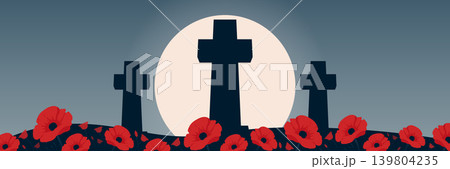 Remembrance day banner with graves silhouettes and red poppy flowers vector illustration. Remembrance day banner with graves silhouettes and red poppy flowers vector illustration. 139804235