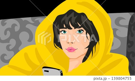 Young Woman with Short Dark Hair and Blue Eyes Resting on Sofa Yellow Hoodie Young Woman with Short Dark Hair and Blue Eyes Resting on Sofa Yellow Hoodie 139804755