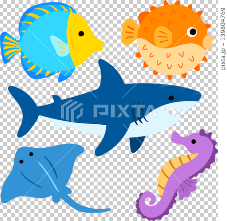 Colorful Cartoon Fish and Shark Collection with Seahorse and Stingray Illustration Colorful Cartoon Fish and Shark Collection with Seahorse and Stingray Illustration 139804769