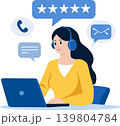 Close-up of a woman working at a laptop computer with headphones, chat bubbles, and review icons for customer support and online communication 139804784