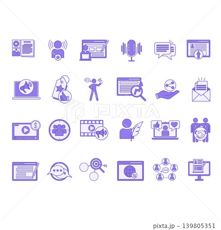 Colored Blogger Icon Set. Vector Icon Social Media, Digital Marketing, Influencer, Monetization, Podcasting, Website, Blogging, Niche, Branding, Comments, and Other 139805351