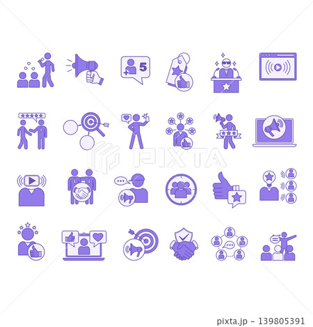 Colored Influencer Icon Set. Vector Illustrations Follower, Promote, Broadcast, Recommend, Celebrity, Marketing, Content Creator, Social Media, Review, Influence, Niche, and More Colored Influencer Icon Set. Vector Illustrations Follower, Promote, Broadcast, Recommend, Celebrity, Marketing, Content Creator, Social Media, Review, Influence, Niche, and More 139805391