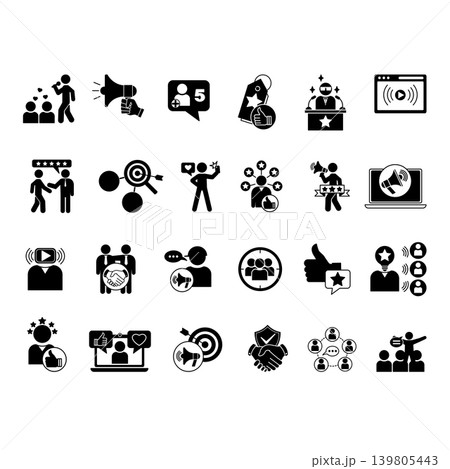 Glyph Influencer Icon Set. Vector Illustrations Follower, Promote, Broadcast, Recommend, Celebrity, Marketing, Content Creator, Social Media, Review, Influence, Niche, and More 139805443