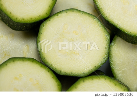 Macro Shot of Raw Zucchini Rounds Ready for Cooking Macro Shot of Raw Zucchini Rounds Ready for Cooking 139805536