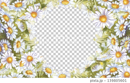 A botanical rectangular watercolor frame filled with lush bouquets of chamomile and fresh green grass. A frame with white daisies and an empty space for custom text. This vibrant summer template is A botanical rectangular watercolor frame filled with lush bouquets of chamomile and fresh green grass. A frame with white daisies and an empty space for custom text. This vibrant summer template is 139805601