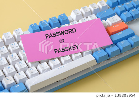 Text password or passkey on short note paper over keyboard. Text password or passkey on short note paper over keyboard. 139805954