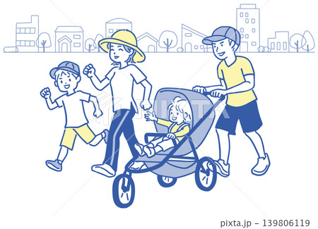 ウォーキングを楽しむ家族　街並みの背景があるシンプルなイラスト 139806119