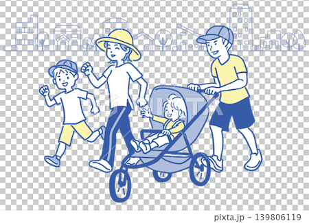 一幅簡單的插圖，描繪了一家人在街景背景下散步的場景。 139806119