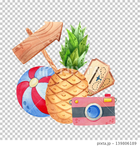 Summer composition with a pineapple, beach ball, and camera, isolated. Hand-drawn watercolor illustration of a tropical vacation. Exotic fruits and travel items for postcards, prints, and labels. Summer composition with a pineapple, beach ball, and camera, isolated. Hand-drawn watercolor illustration of a tropical vacation. Exotic fruits and travel items for postcards, prints, and labels. 139806189